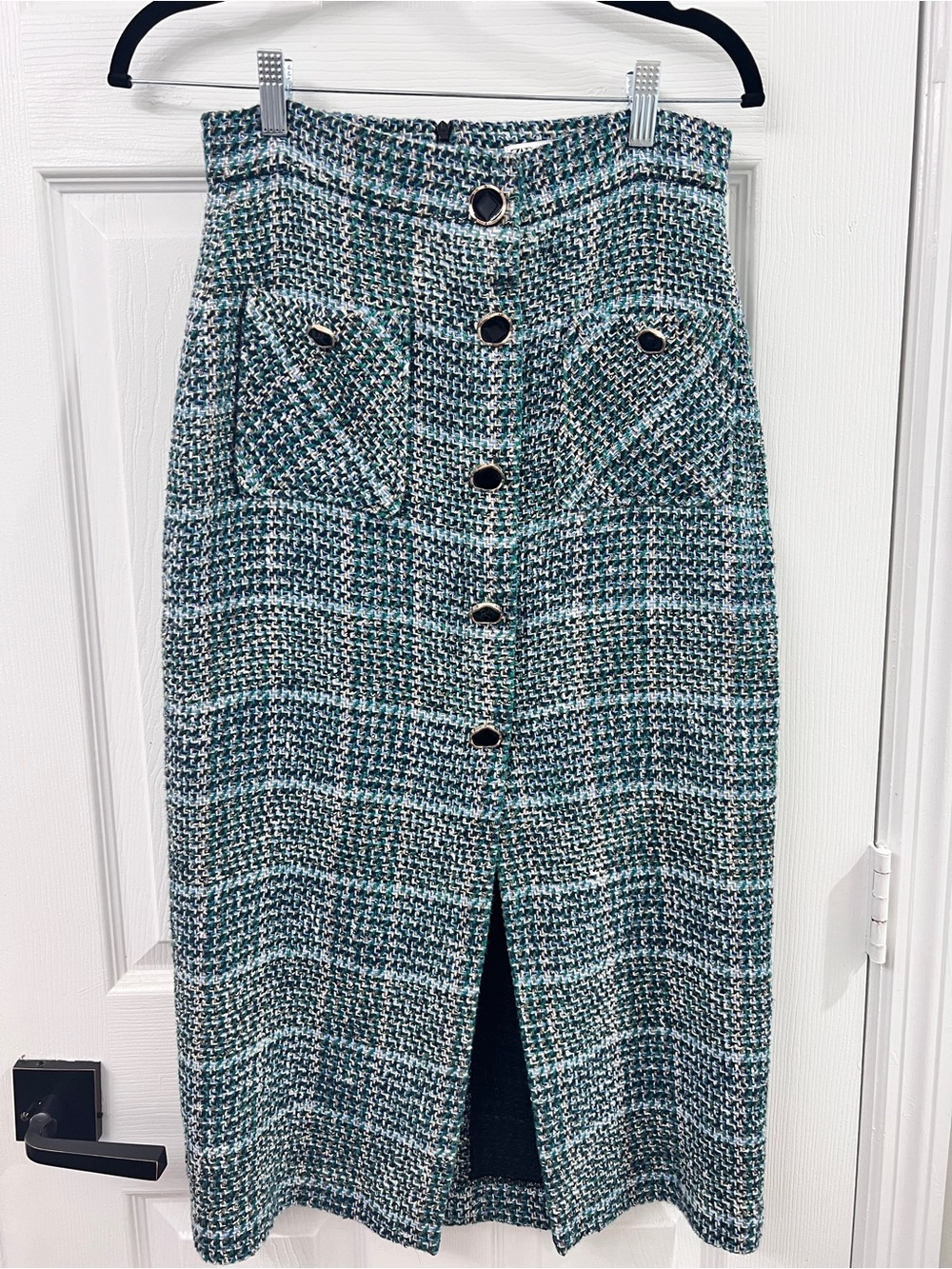 Zara Teal Tweed Button-Front Pencil Skirt